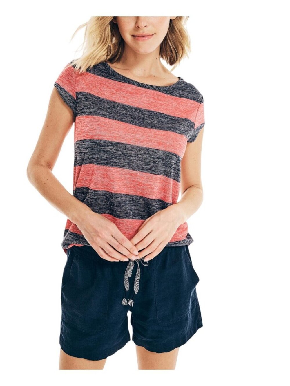 NWT Nautica Scoop-Neck Keyhole Top 25K520 Hibiscus Pink / Navy Blue L